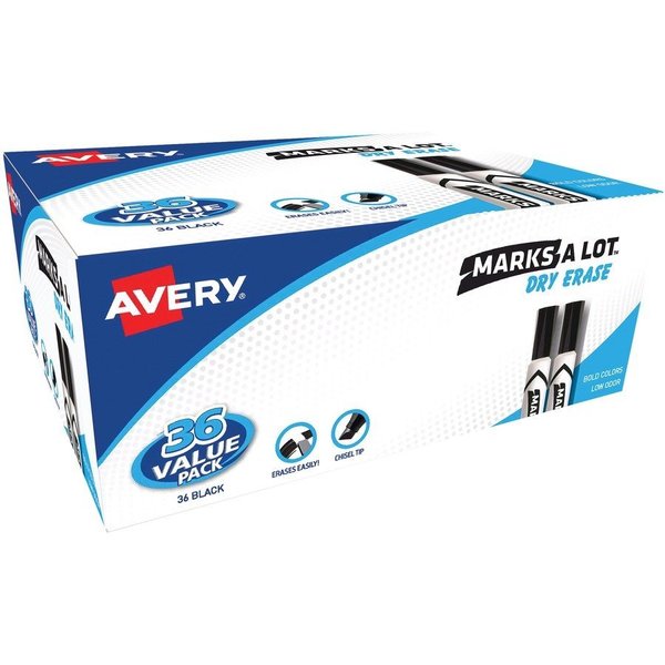 Avery Dry-erase Markers, Desk Style, Chisel Tip, 36/BX, Black Ink PK AVE98207